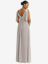 Rear View Thumbnail - Taupe Plunge Neckline Bow Shoulder Empire Waist Chiffon Maxi Dress