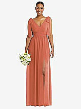 Alt View 1 Thumbnail - Terracotta Copper Plunge Neckline Bow Shoulder Empire Waist Chiffon Maxi Dress