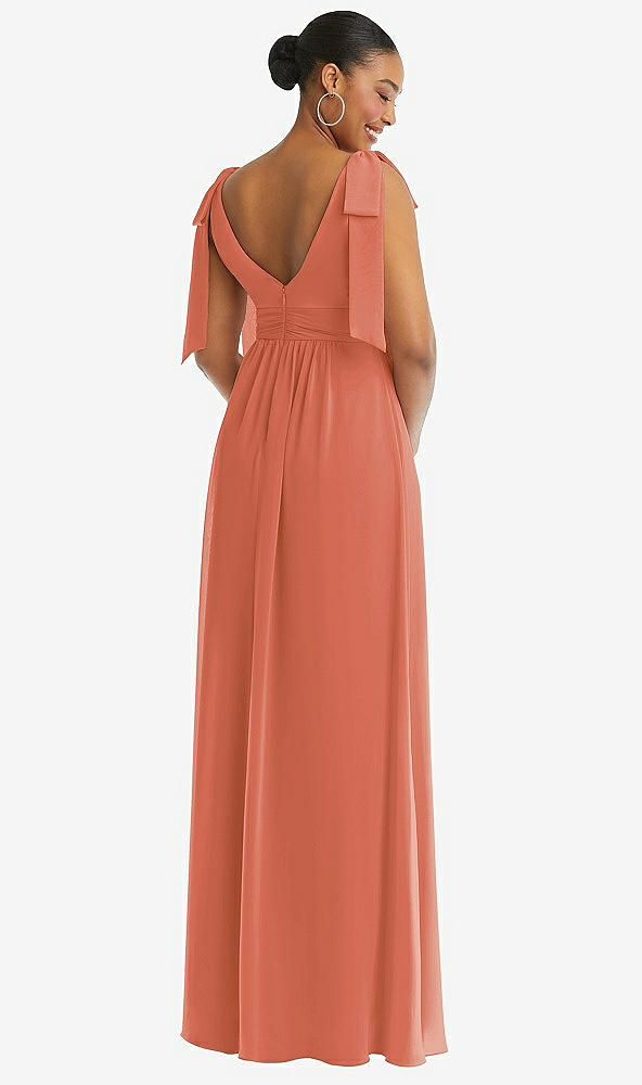 Back View - Terracotta Copper Plunge Neckline Bow Shoulder Empire Waist Chiffon Maxi Dress