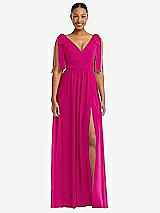 Front View Thumbnail - Think Pink Plunge Neckline Bow Shoulder Empire Waist Chiffon Maxi Dress