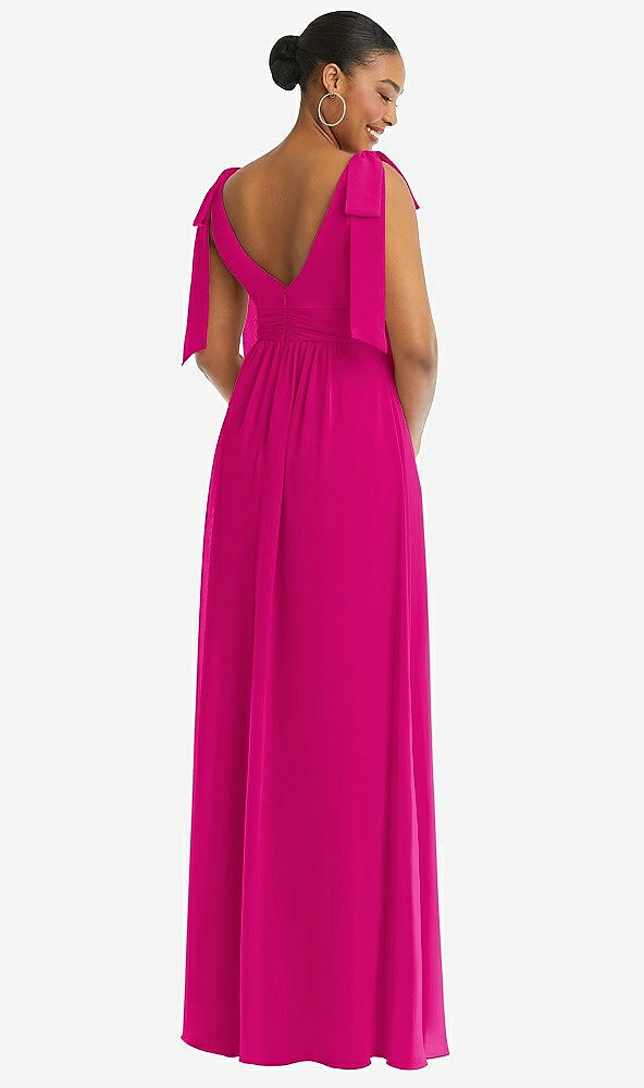 Back View - Think Pink Plunge Neckline Bow Shoulder Empire Waist Chiffon Maxi Dress