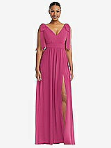 Front View Thumbnail - Tea Rose Plunge Neckline Bow Shoulder Empire Waist Chiffon Maxi Dress