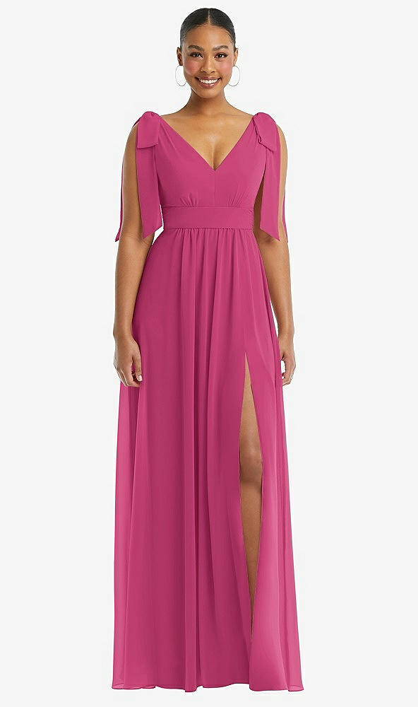 Front View - Tea Rose Plunge Neckline Bow Shoulder Empire Waist Chiffon Maxi Dress