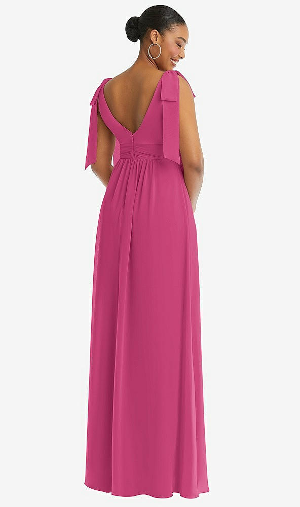 Back View - Tea Rose Plunge Neckline Bow Shoulder Empire Waist Chiffon Maxi Dress