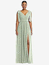 Front View Thumbnail - Vintage Primrose Sage Plunge Neckline Bow Shoulder Empire Waist Chiffon Maxi Dress