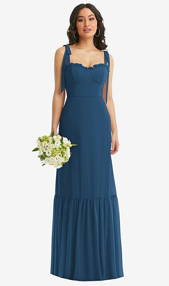 Front View - Dusk Blue Tie-Shoulder Bustier Bodice Ruffle-Hem Maxi Dress