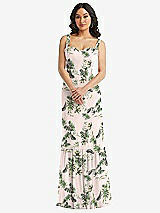 Alt View 1 Thumbnail - Palm Beach Print Tie-Shoulder Bustier Bodice Ruffle-Hem Maxi Dress