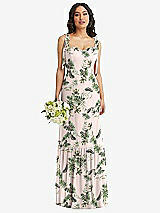 Front View Thumbnail - Palm Beach Print Tie-Shoulder Bustier Bodice Ruffle-Hem Maxi Dress