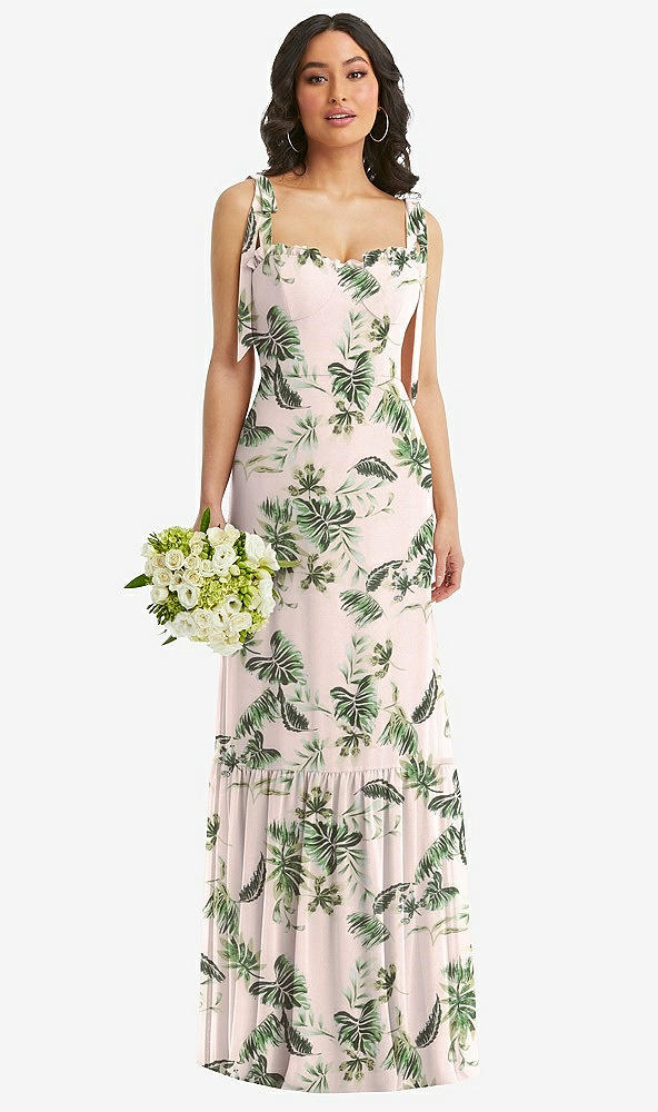 Front View - Palm Beach Print Tie-Shoulder Bustier Bodice Ruffle-Hem Maxi Dress