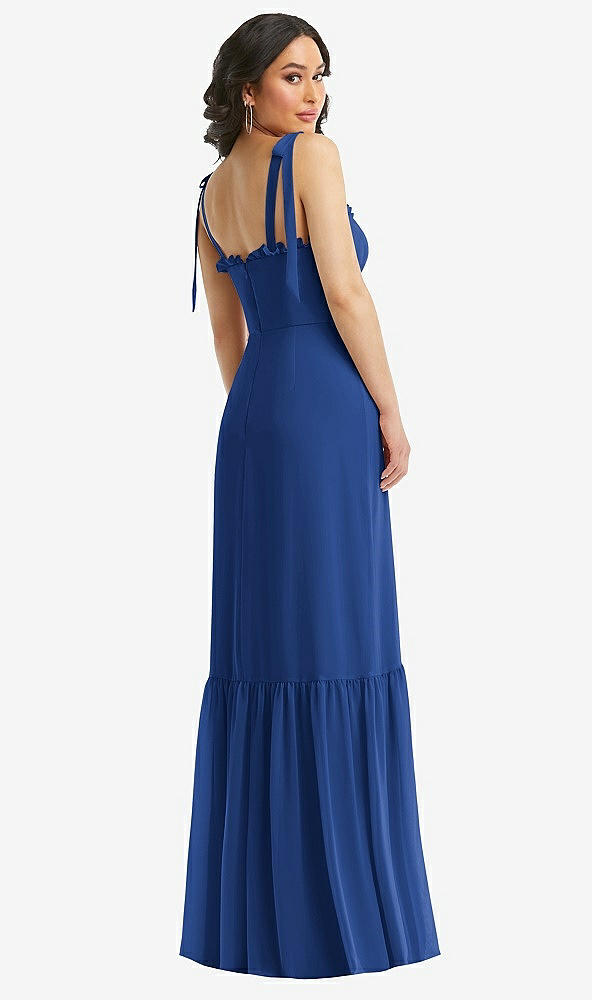 Back View - Classic Blue Tie-Shoulder Bustier Bodice Ruffle-Hem Maxi Dress