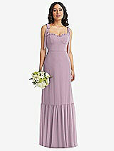 Front View Thumbnail - Suede Rose Tie-Shoulder Bustier Bodice Ruffle-Hem Maxi Dress