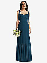 Front View Thumbnail - Atlantic Blue Tie-Shoulder Bustier Bodice Ruffle-Hem Maxi Dress