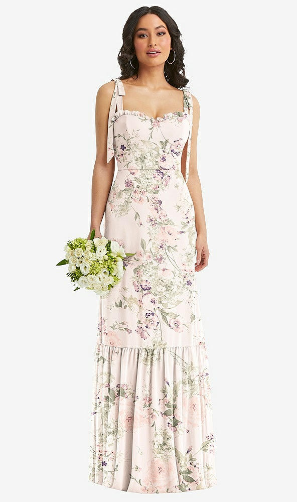 Front View - Blush Garden Tie-Shoulder Bustier Bodice Ruffle-Hem Maxi Dress