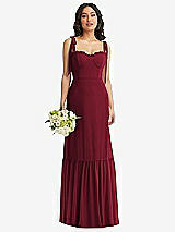 Front View Thumbnail - Burgundy Tie-Shoulder Bustier Bodice Ruffle-Hem Maxi Dress