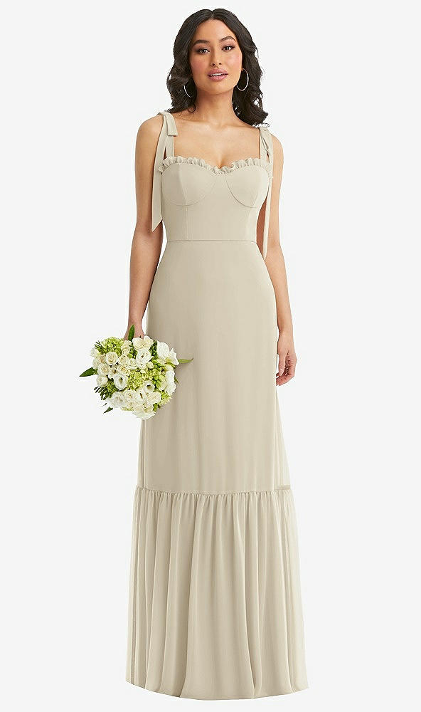 Front View - Champagne Tie-Shoulder Bustier Bodice Ruffle-Hem Maxi Dress