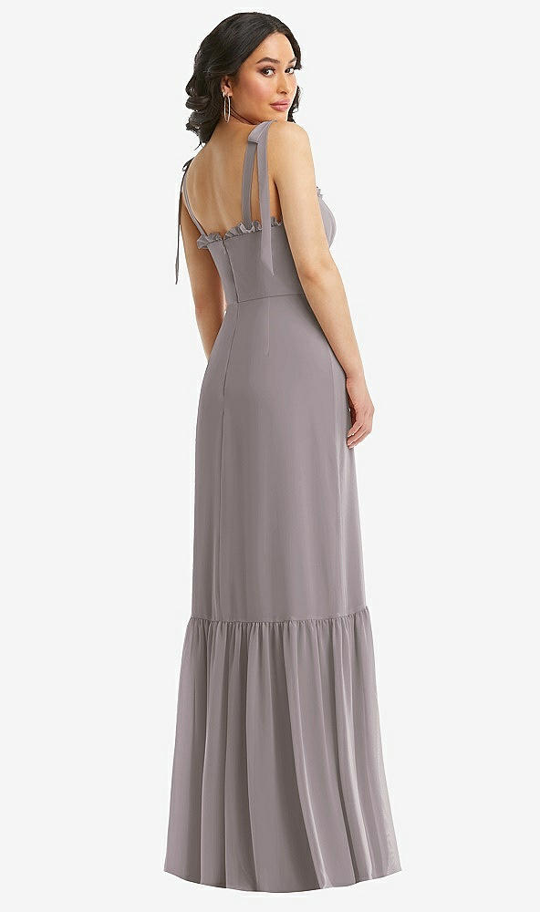 Back View - Cashmere Gray Tie-Shoulder Bustier Bodice Ruffle-Hem Maxi Dress