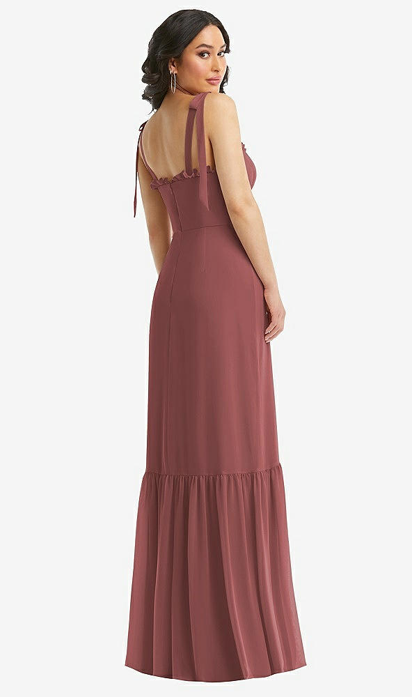 Back View - English Rose Tie-Shoulder Bustier Bodice Ruffle-Hem Maxi Dress