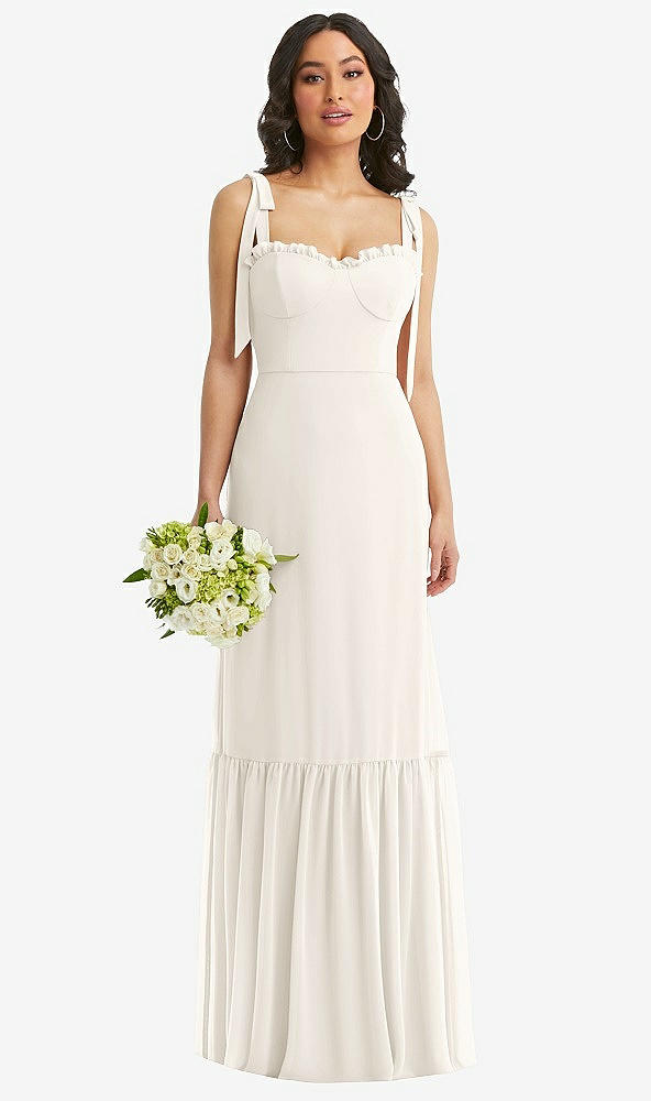 Front View - Ivory Tie-Shoulder Bustier Bodice Ruffle-Hem Maxi Dress