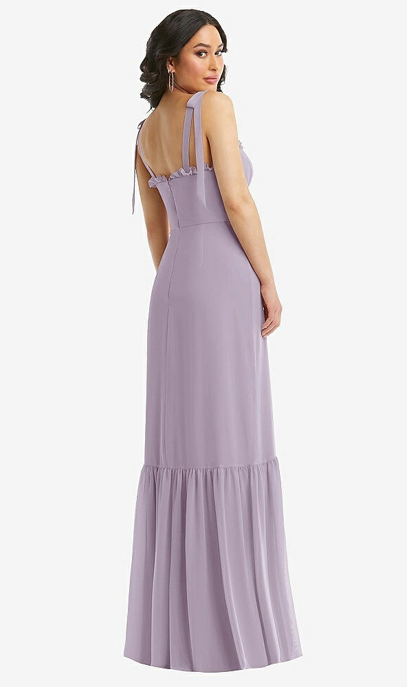 Back View - Lilac Haze Tie-Shoulder Bustier Bodice Ruffle-Hem Maxi Dress