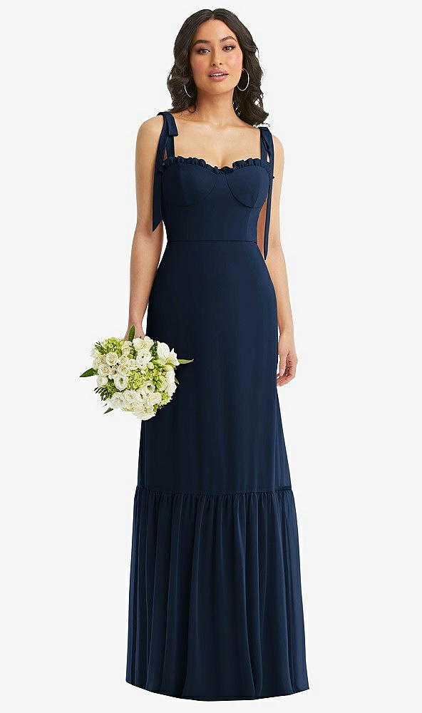 Front View - Midnight Navy Tie-Shoulder Bustier Bodice Ruffle-Hem Maxi Dress