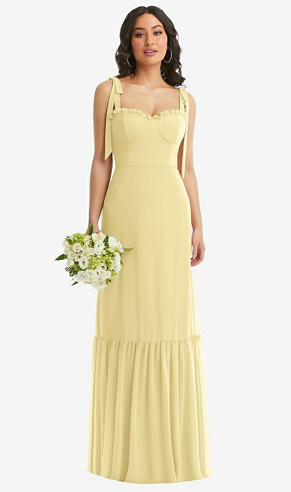 Front View - Pale Yellow Tie-Shoulder Bustier Bodice Ruffle-Hem Maxi Dress