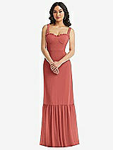 Alt View 1 Thumbnail - Coral Pink Tie-Shoulder Bustier Bodice Ruffle-Hem Maxi Dress