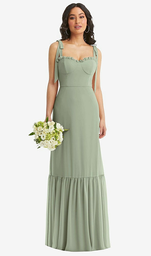 Front View - Sage Tie-Shoulder Bustier Bodice Ruffle-Hem Maxi Dress