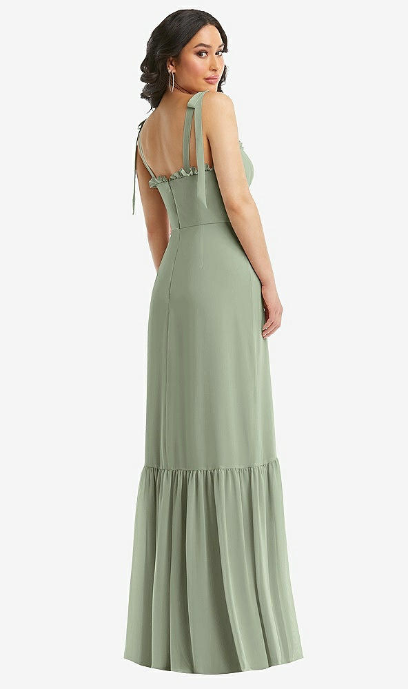 Back View - Sage Tie-Shoulder Bustier Bodice Ruffle-Hem Maxi Dress