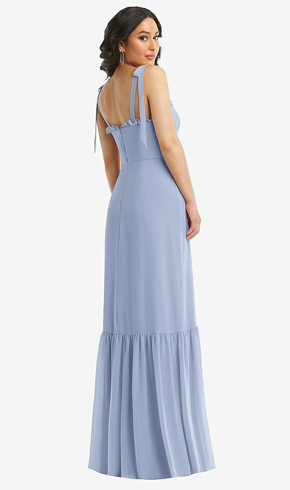 Back View - Sky Blue Tie-Shoulder Bustier Bodice Ruffle-Hem Maxi Dress