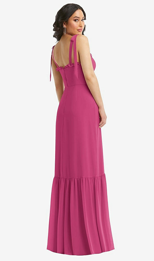 Back View - Tea Rose Tie-Shoulder Bustier Bodice Ruffle-Hem Maxi Dress