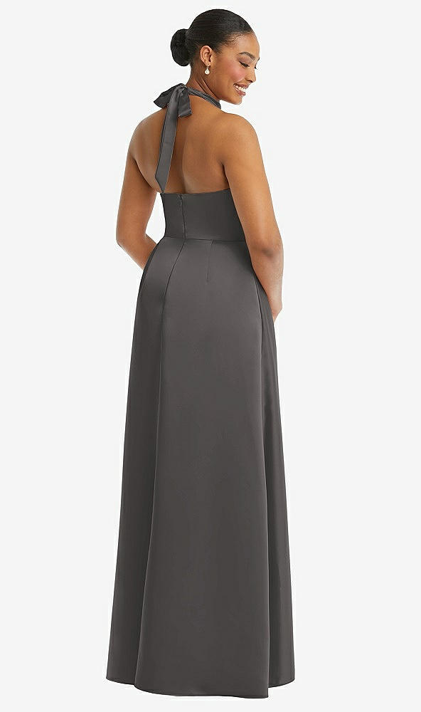 Back View - Caviar Gray High-Neck Tie-Back Halter Cascading High Low Maxi Dress