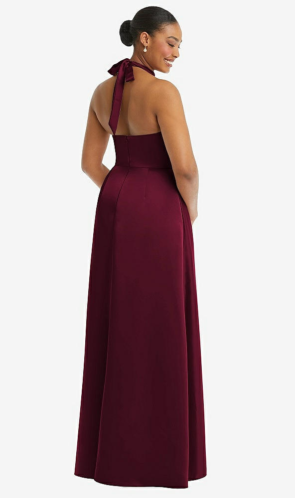 Back View - Cabernet High-Neck Tie-Back Halter Cascading High Low Maxi Dress