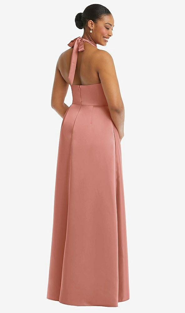 Back View - Desert Rose High-Neck Tie-Back Halter Cascading High Low Maxi Dress