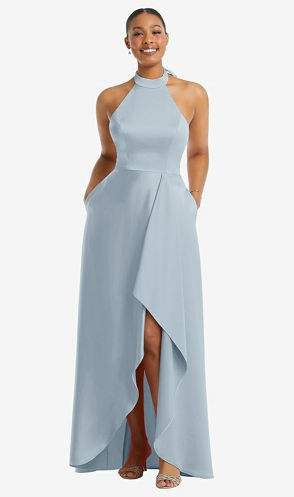 Front View - Mist High-Neck Tie-Back Halter Cascading High Low Maxi Dress