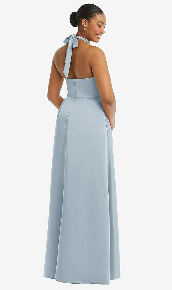 Back View - Mist High-Neck Tie-Back Halter Cascading High Low Maxi Dress