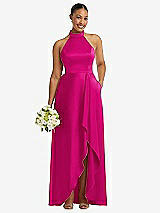 Alt View 1 Thumbnail - Think Pink High-Neck Tie-Back Halter Cascading High Low Maxi Dress