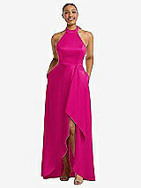 Front View Thumbnail - Think Pink High-Neck Tie-Back Halter Cascading High Low Maxi Dress