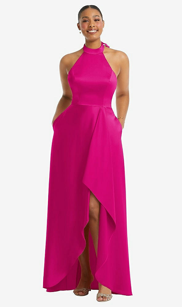 Front View - Think Pink High-Neck Tie-Back Halter Cascading High Low Maxi Dress