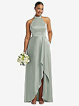 Alt View 1 Thumbnail - Willow Green High-Neck Tie-Back Halter Cascading High Low Maxi Dress