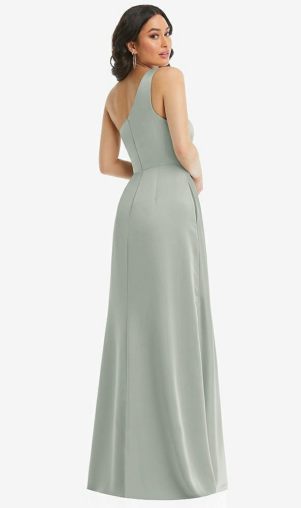 Back View - Willow Green One-Shoulder High Low Maxi Dress with Pockets