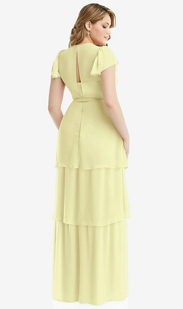 Back View - Butter Yellow Flutter Sleeve Jewel Neck Chiffon Maxi Dress with Tiered Ruffle Skirt