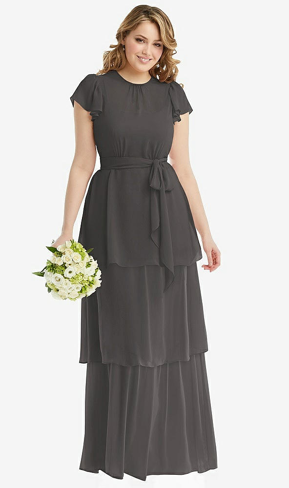 Front View - Caviar Gray Flutter Sleeve Jewel Neck Chiffon Maxi Dress with Tiered Ruffle Skirt