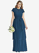 Front View Thumbnail - Dusk Blue Flutter Sleeve Jewel Neck Chiffon Maxi Dress with Tiered Ruffle Skirt