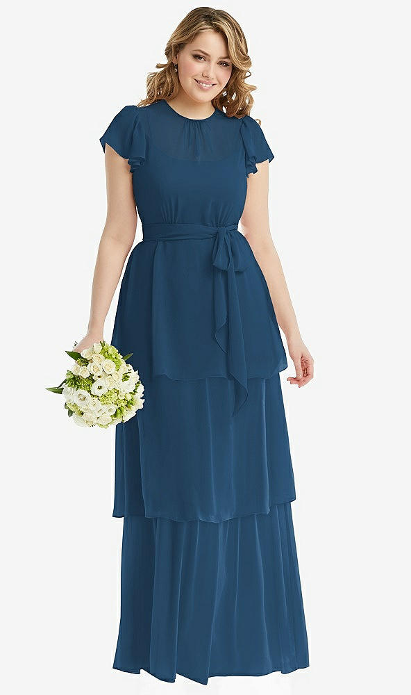 Front View - Dusk Blue Flutter Sleeve Jewel Neck Chiffon Maxi Dress with Tiered Ruffle Skirt