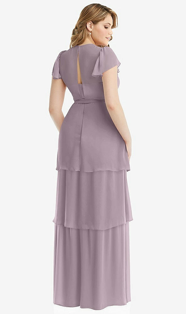 Back View - Lilac Dusk Flutter Sleeve Jewel Neck Chiffon Maxi Dress with Tiered Ruffle Skirt