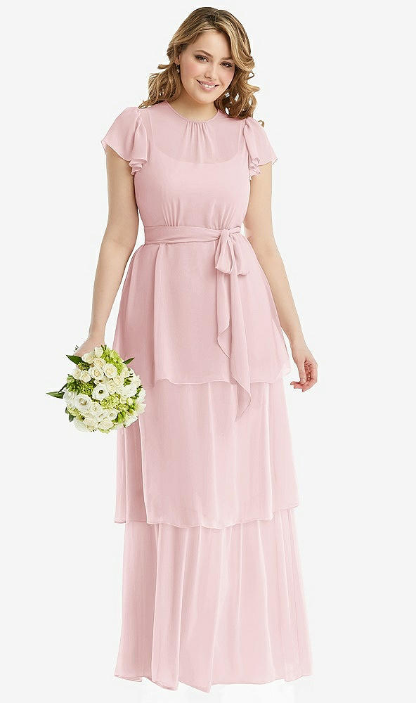 Front View - Ballet Pink Flutter Sleeve Jewel Neck Chiffon Maxi Dress with Tiered Ruffle Skirt