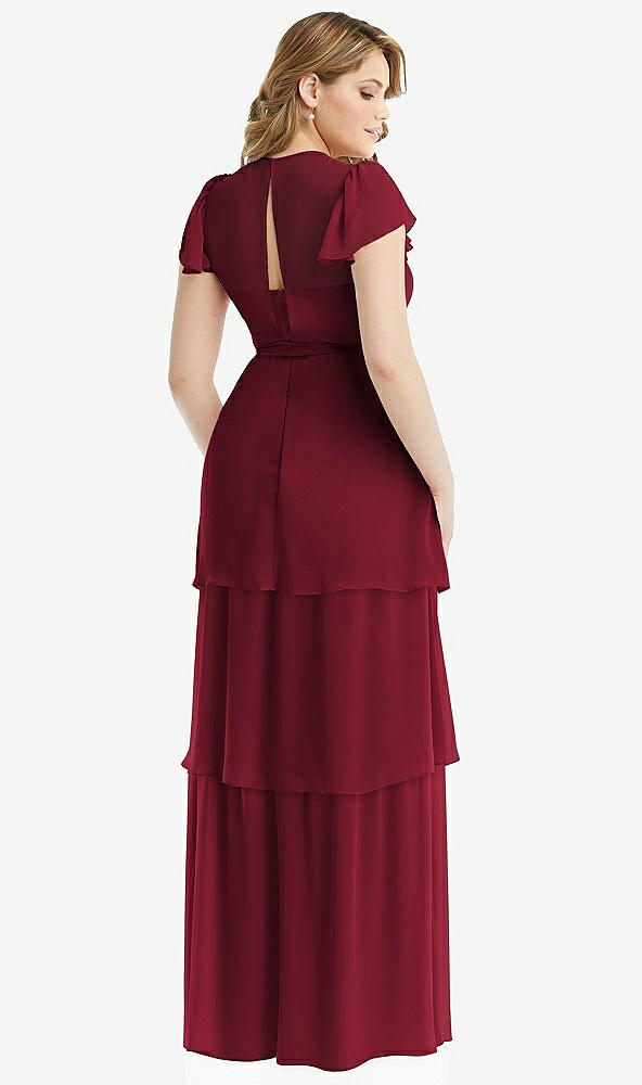 Back View - Burgundy Flutter Sleeve Jewel Neck Chiffon Maxi Dress with Tiered Ruffle Skirt