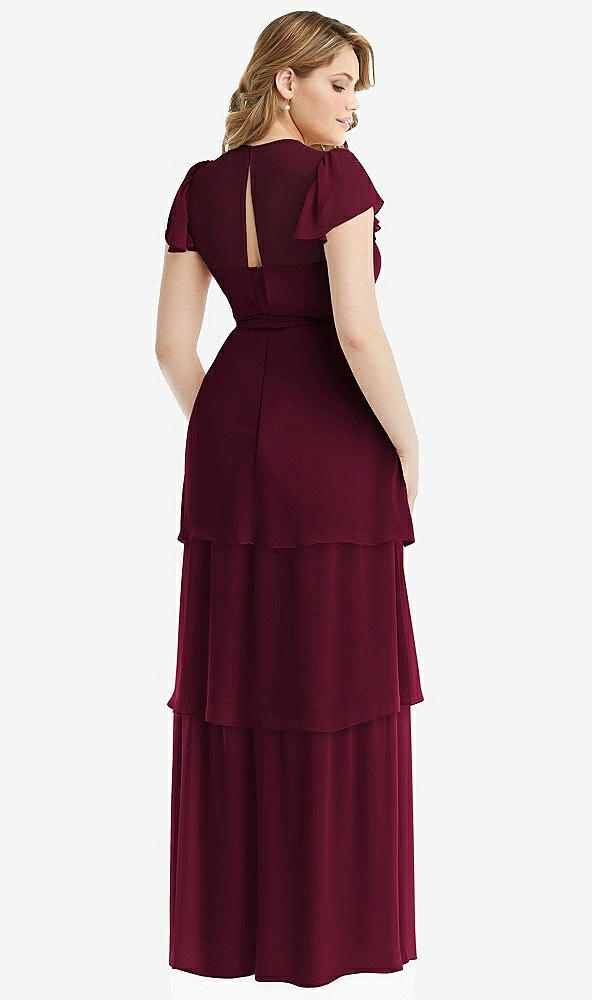 Back View - Cabernet Flutter Sleeve Jewel Neck Chiffon Maxi Dress with Tiered Ruffle Skirt