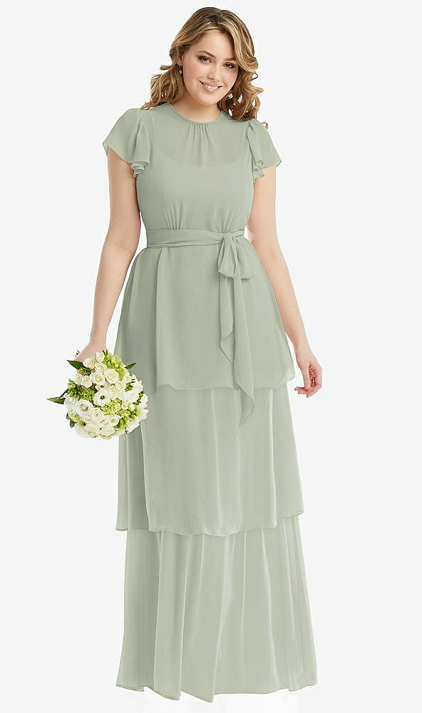 Front View - Celadon Flutter Sleeve Jewel Neck Chiffon Maxi Dress with Tiered Ruffle Skirt