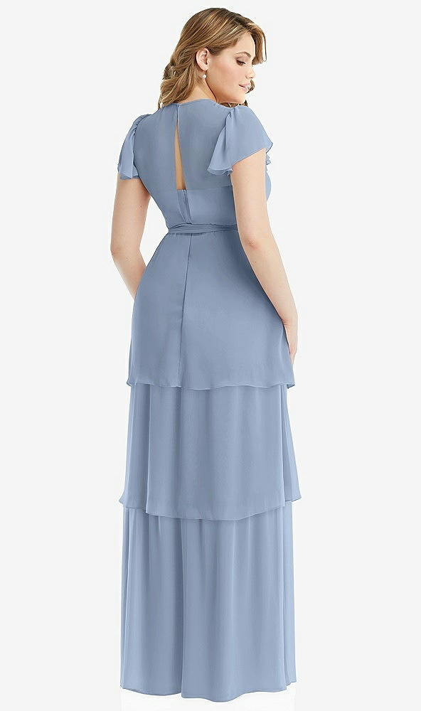 Back View - Cloudy Flutter Sleeve Jewel Neck Chiffon Maxi Dress with Tiered Ruffle Skirt